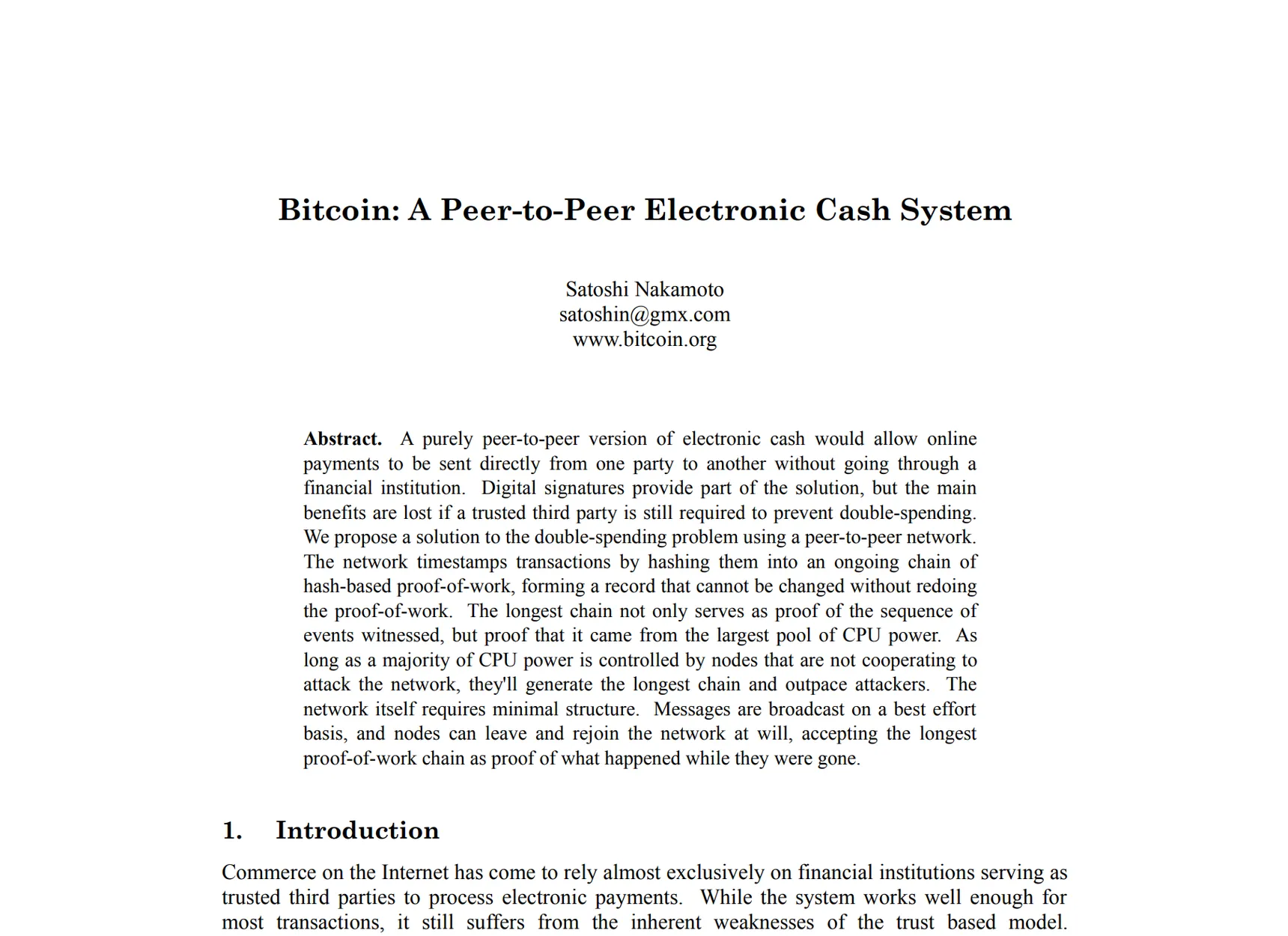 Ausschnitt aus dem Bitcoin-Whitepaper: Titel „Bitcoin: A Peer-to-Peer Electronic Cash System“, Autor Satoshi Nakamoto und die Zusammenfassung (Abstract)