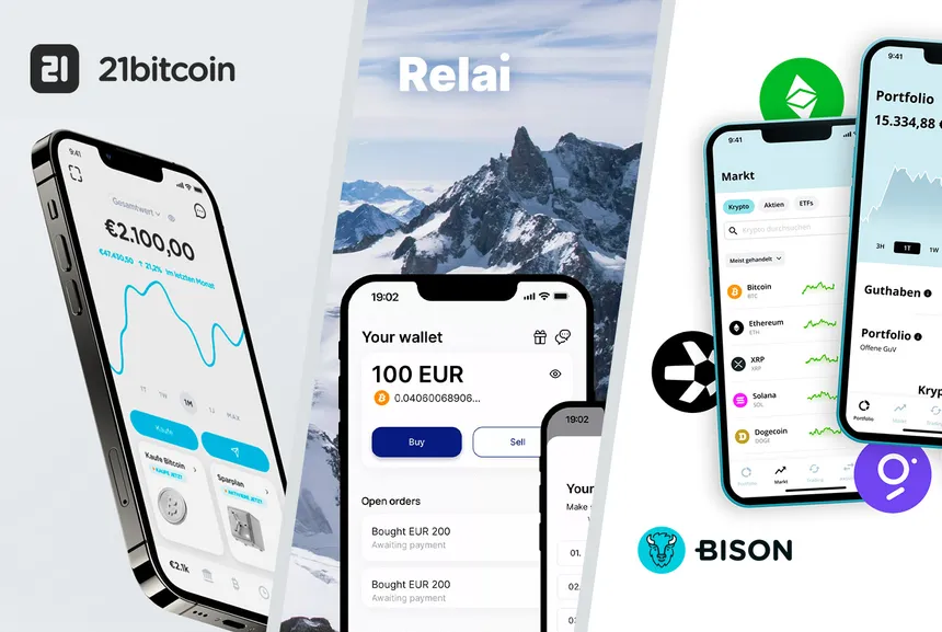 Collage aus App-Ansichten von 21bitcoin, Relai und Bison