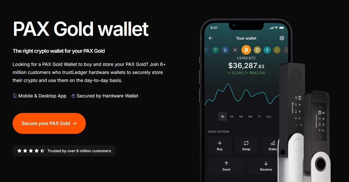 Seite „PAX Gold wallet“ von Ledger mit Smartphone-App und Hardware-Wallets