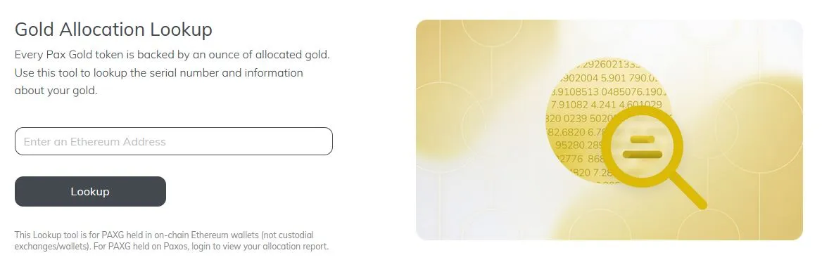 Abfrage-Werkzeug „Gold Allocation Lookup“ auf der Website von Paxos mit Eingabefeld für eine Ethereum-Adresse