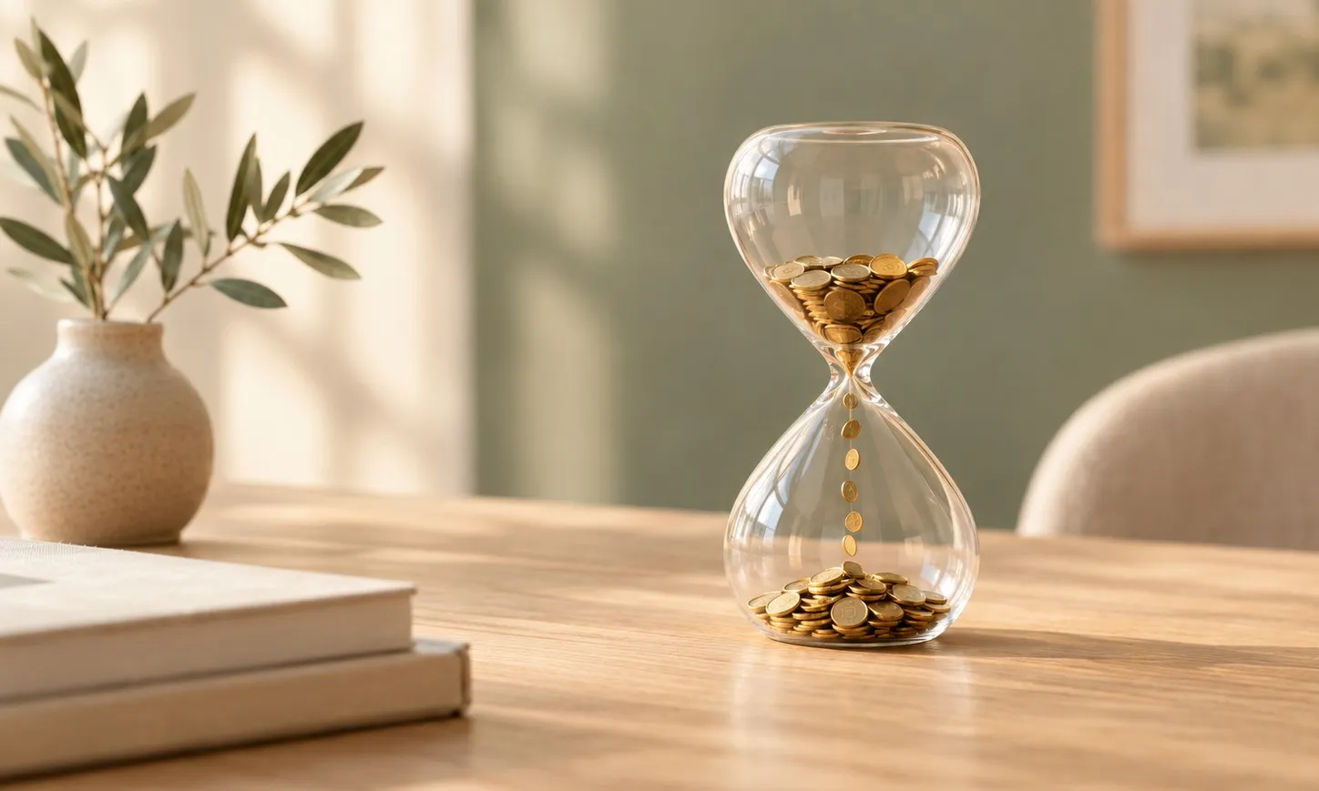 Sanduhr mit Goldmünzen statt Sand auf einem hellen Holztisch, die Münzen rieseln langsam von oben nach unten, daneben eine Vase mit Olivenzweig, warmes Morgenlicht vor salbeigrüner Wand