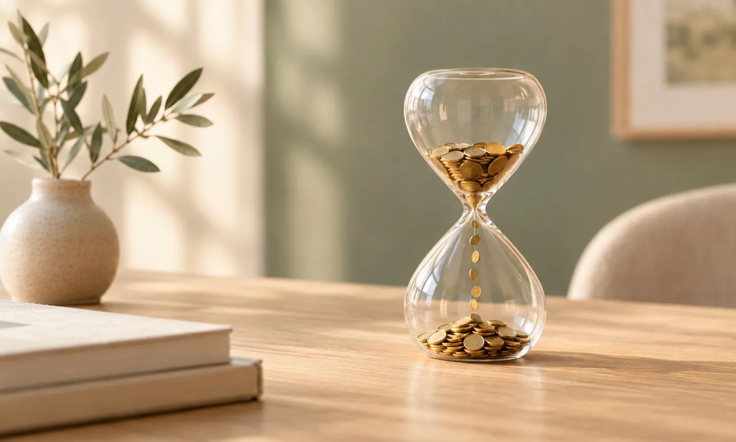 Sanduhr mit Goldmünzen statt Sand auf einem hellen Holztisch, die Münzen rieseln langsam von oben nach unten, daneben eine Vase mit Olivenzweig, warmes Morgenlicht vor salbeigrüner Wand