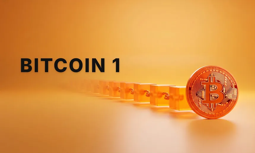 Orangefarbene Bitcoin-Münze am Ende einer Kette aus leuchtenden Würfeln, daneben der Schriftzug „Bitcoin 1“