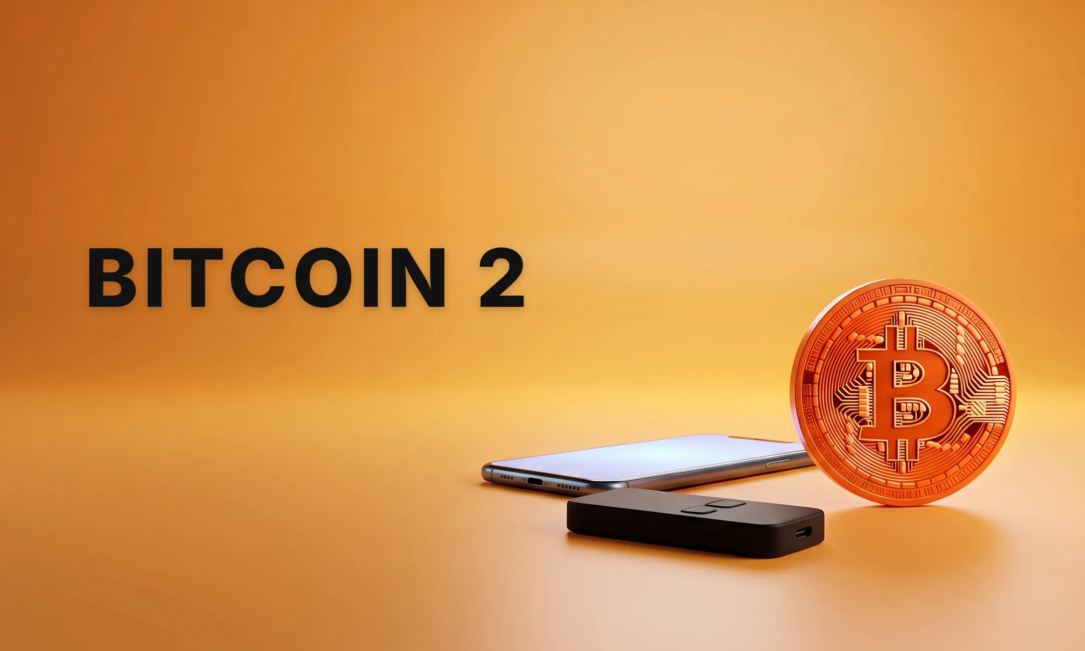 Orangefarbene Bitcoin-Münze neben einem Smartphone und einer Hardware-Wallet, daneben der Schriftzug „Bitcoin 2“