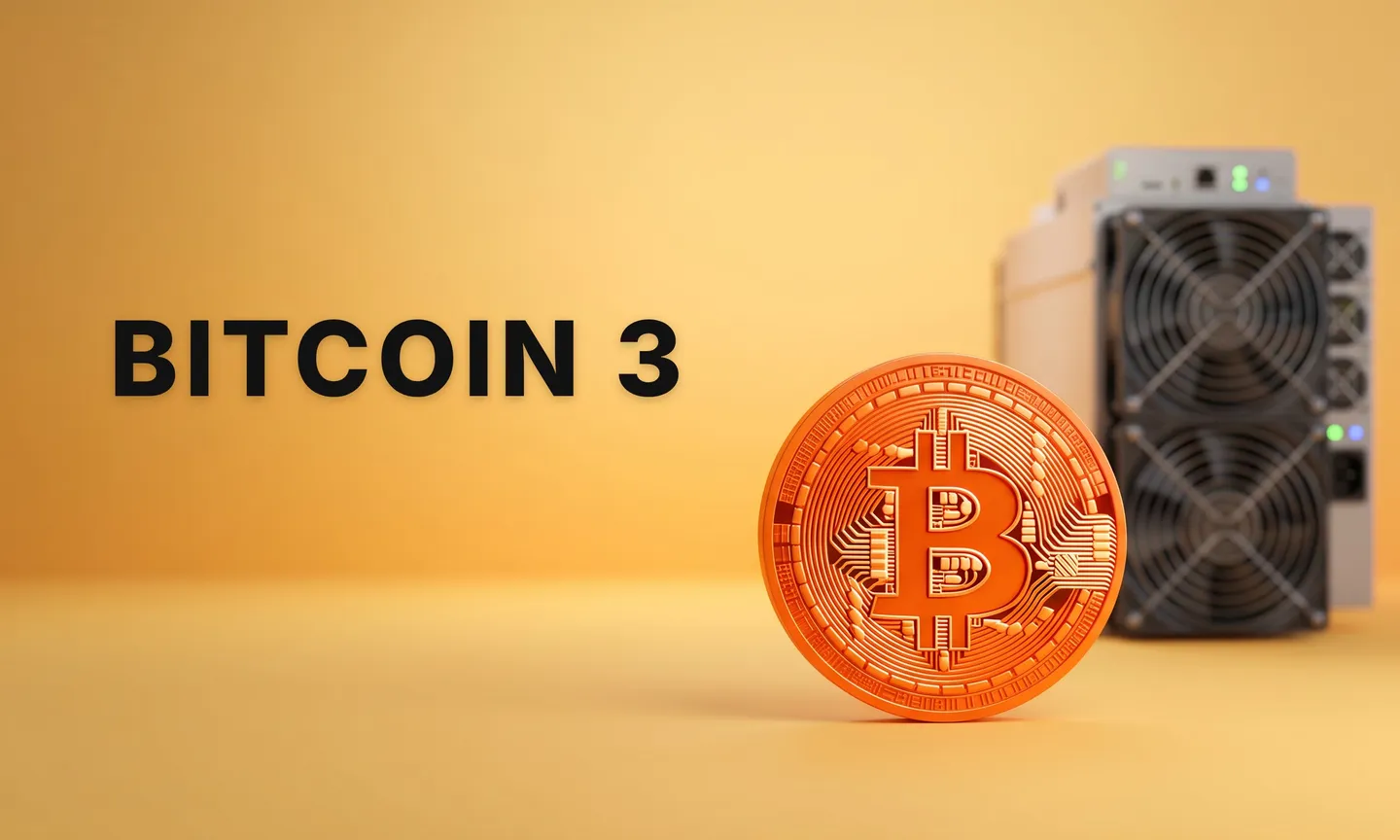 Orangefarbene Bitcoin-Münze vor einem Mining-Gerät mit Lüftern, daneben der Schriftzug „Bitcoin 3“