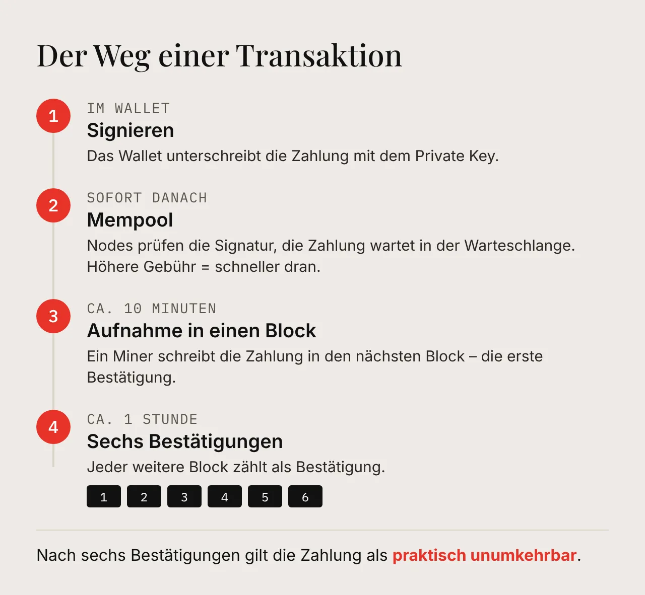Ablauf in vier Schritten: Wallet signiert die Transaktion, sie wartet im Mempool, wird in einen Block aufgenommen und gilt nach sechs Bestätigungen nach etwa einer Stunde als sicher