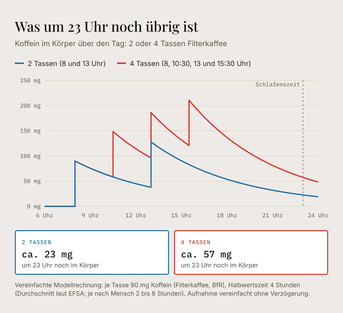 Liniendiagramm: Koffein im Körper von 6 bis 24 Uhr. Mit 2 Tassen um 8 und 13 Uhr sind um 23 Uhr noch etwa 23 mg übrig, mit 4 Tassen bis 15:30 Uhr etwa 57 mg