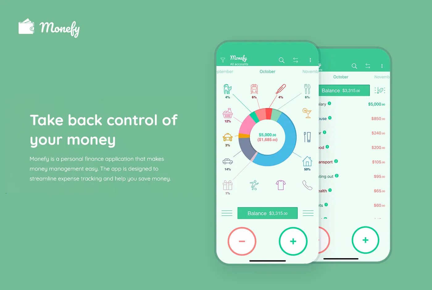 Werbegrafik der App Monefy: zwei Smartphones mit Ausgaben-Übersicht als Kreisdiagramm und Kontostand