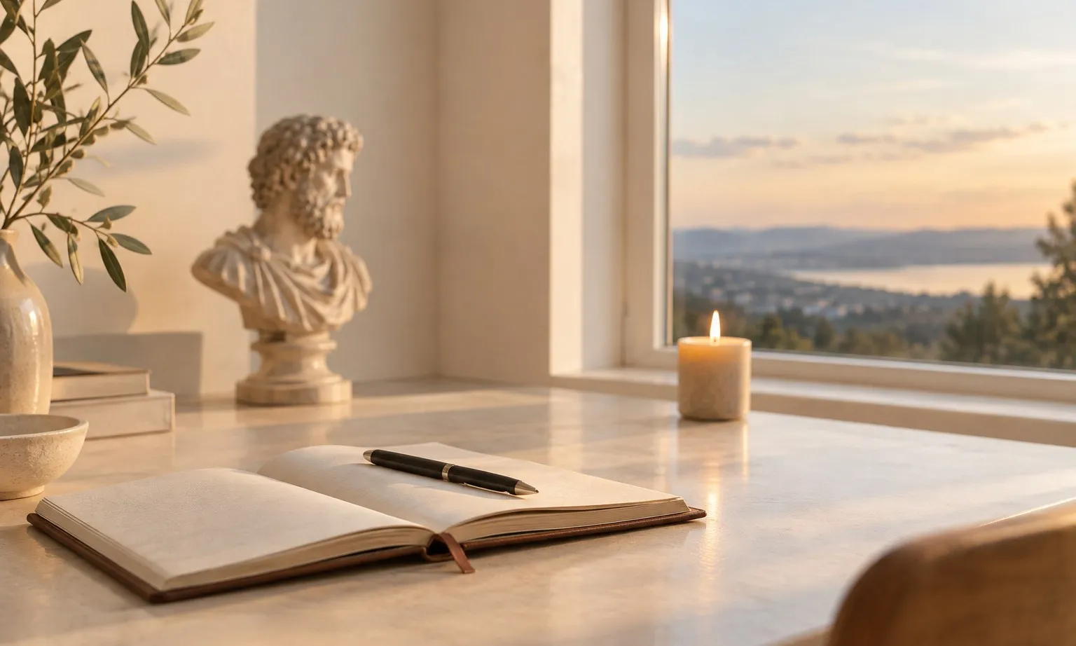 Schreibtisch am Fenster im letzten Tageslicht: aufgeschlagenes Notizbuch mit Stift, eine brennende Kerze und im Hintergrund eine Marmorbüste eines bärtigen römischen Philosophen